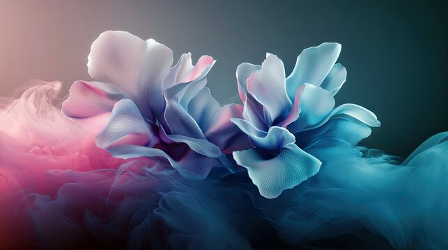 An abstract composition featuring two stylized flowers with delicate petals, surrounded by colorful smoke in shades of pink and blue, creating a dreamy and ethe