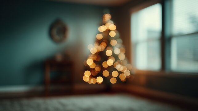 Blurred Christmas tree with warm lights in a cozy room - Powered by Adobe