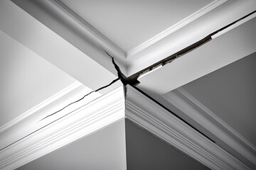 Interior corner with prominent cracks along the crown molding and adjacent surfaces suggests structural or settling damage, raising concerns about building integrity.