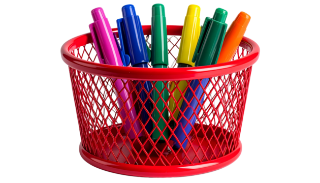 Red Metal Round Pen Holder  Desk Organizer Basket for Stationery White PNG Available  
