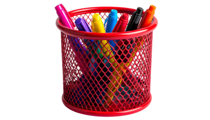 Red Metal Round Pen Holder  Desk Organizer Basket for Stationery White PNG Available  
