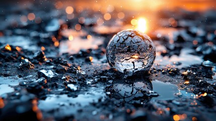 A close-up shot of a cracked glass sphere resting on wet, dark ground, with warm bokeh lights in the background.