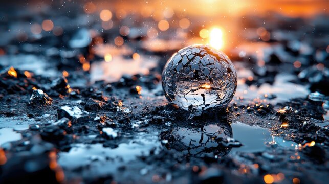 A close-up shot of a cracked glass sphere resting on wet, dark ground, with warm bokeh lights in the background. - Powered by Adobe