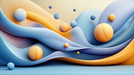 An abstract composition featuring flowing, layered shapes in soft blue, yellow, and beige tones, interspersed with spherical objects. The lighting is gentle and