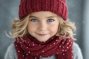Smiling girl in red knitted hat and scarf looking at camera in soft snow, heartwarming winter portrait ideal for Christmas campaigns and family ads.