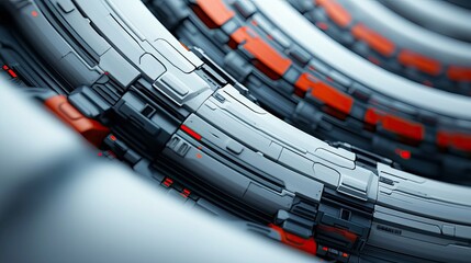 Close-up of a futuristic ring-shaped structure with a modern design, featuring gray and black elements with red accents. The image has a shallow depth of field.