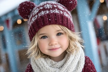 Smiling girl in red hat and white scarf outdoors in falling snow, joyful Christmas portrait ideal for family, winter marketing, and holiday campaigns.