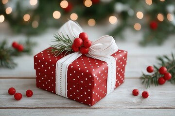 Red polka-dot Christmas gift with white ribbon and pine sprig on wooden table, elegant festive still life ideal for seasonal advertising and holiday design.