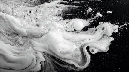 Abstract image of swirling white fluid against a black background, creating a dynamic and artistic composition.