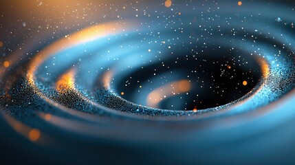 An abstract representation of a galaxy or cosmic event, with swirling blue and orange particles against a dark background.