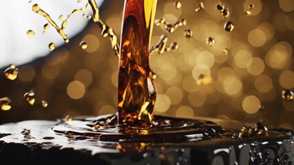 Golden amber liquid pour creating a dynamic splash crown with glistening droplets on a dark surface and warm bokeh background - Powered by Adobe