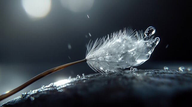 A single dandelion seed head is covered in glistening water droplets, with more drops suspended in the air and on the dark, reflective surface below. Macro shot - Powered by Adobe