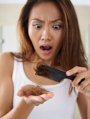 Woman Shocked by Hair Loss in Hand After Combing