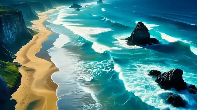 Aerial view of turquoise waves crashing along tall coastal cliffs and bright sandy shoreline under clear daylight seamless looping time-lapse animation video background