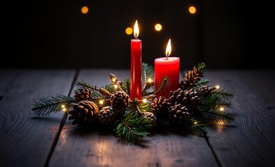Christmas background - first advent sunday - red advent candle with natural xmas decoration branches and pine cones on rustic wood with magic lights christmas background christmas holiday background w