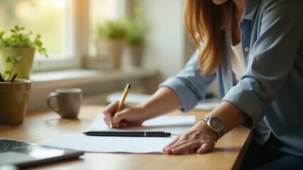 Video A woman sits at a desk, writing on a piece of paper