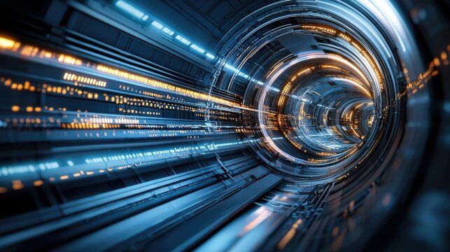 A dark, futuristic tunnel with glowing blue and orange lights, suggesting speed and data flow. The metallic interior is detailed with intricate patterns and lin - Powered by Adobe