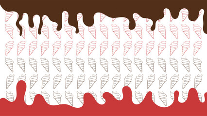 Chocolate and strawberry melted with ice cream cone pattern. wing strawberry drops. strawberry creamy melted drip wave. ice cream chocolate. ice cream strawberry