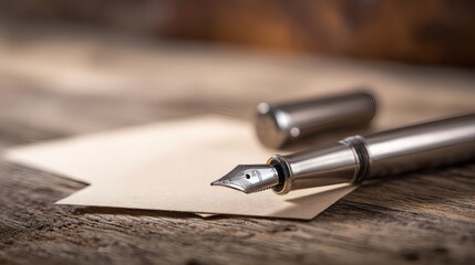 nib. An elegant fountain pen on a wooden surface with warm lighting and minimalist style. lifestyle magazines, social media lookbooks, designed for lifestyle magazines and social media content.