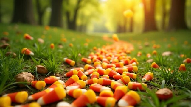 Video A pile of colorful candy corn spills out onto the ground, perfect for a festive or playful scene