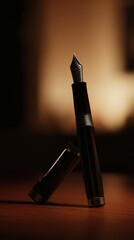 nib. An elegant fountain pen on a wooden surface with warm lighting and minimalist style. lifestyle magazines, social media lookbooks, designed for lifestyle magazines and social media content.