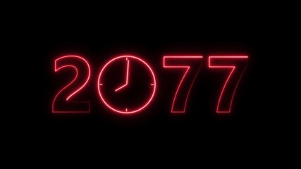 2077 digital text celebration and Calendar neon bright red color animation. Clock icon timer concept on black background.
