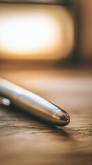 nib. An elegant fountain pen on a wooden surface with warm lighting and minimalist style. lifestyle magazines, social media lookbooks, designed for lifestyle magazines and social media content.