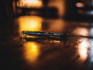 nib. An elegant fountain pen on a wooden surface with warm lighting and minimalist style. lifestyle magazines, social media lookbooks, designed for lifestyle magazines and social media content.