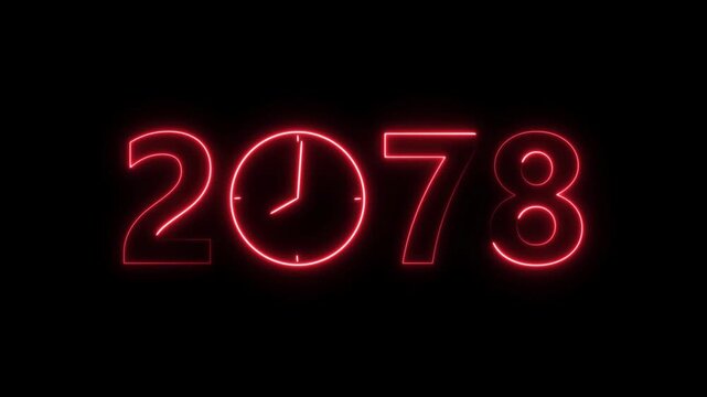 2078 digital text celebration and Calendar neon bright red color animation. Clock icon timer concept on black background.