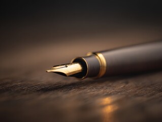 nib. An elegant fountain pen on a wooden surface with warm lighting and minimalist style. lifestyle magazines, social media lookbooks, designed for lifestyle magazines and social media content.