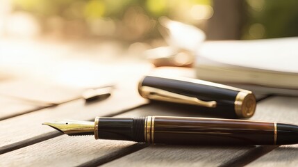 nib. An elegant fountain pen on a wooden surface with warm lighting and minimalist style. lifestyle magazines, social media lookbooks, designed for lifestyle magazines and social media content.