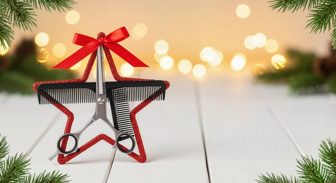 Hairdressing scissors and comb arranged in a star shape for holiday salon advertising campaign