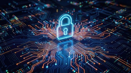 Glowing padlock on a circuit board representing digital security and data protection concept art
