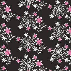 Pink and White Floral Pattern on Black Background Elegant Seamless Flower Design.Perfect for fashion fabrics,apparel prints,gift wrapping,stationery,home decor,packaging,digital wallpapers,branding.