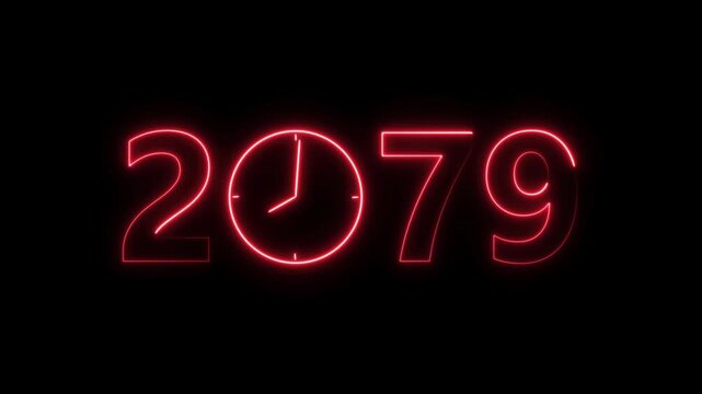 2079 digital text celebration and Calendar neon bright red color animation. Clock icon timer concept on black background.