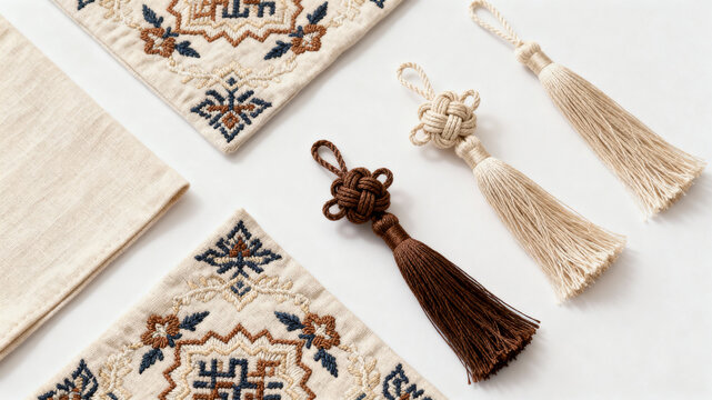 Colorful Chinese New Year decorations featuring tassels and embroidered fabrics