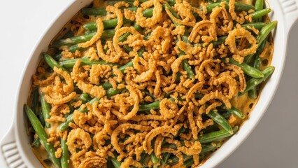 Green bean casserole with creamy mushroom sauce and crispy fried onions, a traditional holiday side dish for thanksgiving and christmas
