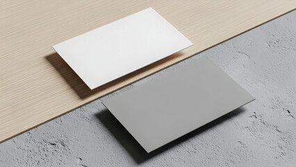 Minimalist presentation of black and white cards on a modern geometric surface