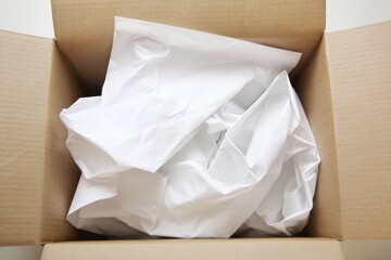 Opened cardboard box filled with white filler paper for protection