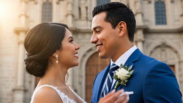 Romantic wedding couple embracing and kissing at historic cathedral with sunlight