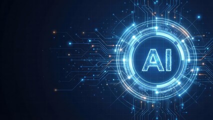 Glowing ai text inside a circle with circuit patterns and lights on a dark blue gradient background