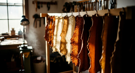 Different Colored Leather Hides Hanging To Dry In Traditional Artisan Workshop