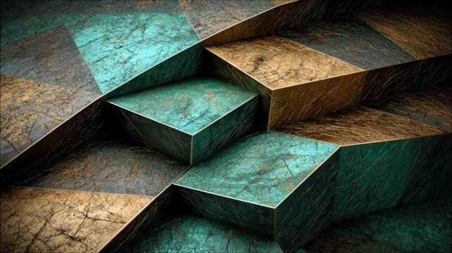 An abstract geometric pattern composed of interlocking blocks with textured surfaces in shades of teal and gold. The lighting creates dramatic shadows and highl
