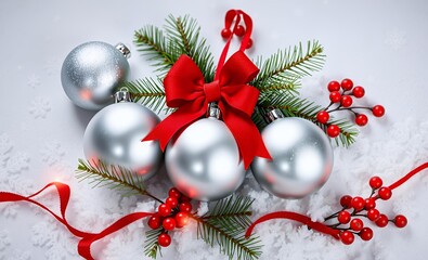 This image displays a festive christmas scene with silver ornaments a red bow pine branches and red berries against a snowy white background with scattered snowflakes it evokes a feeling of holida chr
