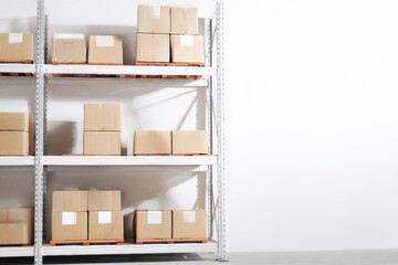 Organized shelf with neatly stacked boxes for storage and display