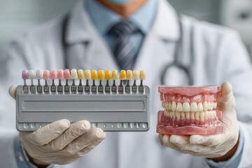 Practitioner holds shade guide next to dental model for color matching