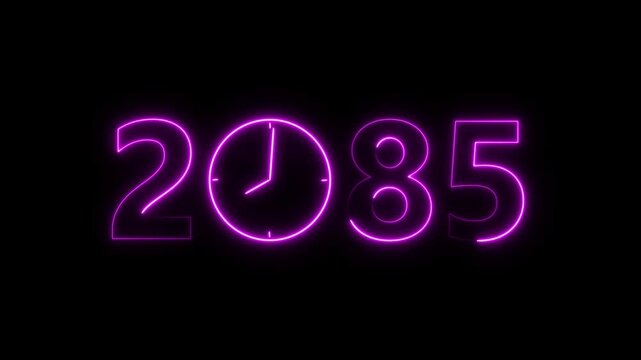 2085 digital text celebration and Calendar neon bright magenta color animation. Clock icon timer concept on black background.