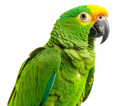 Vibrant green parrot portrait on a transparent background