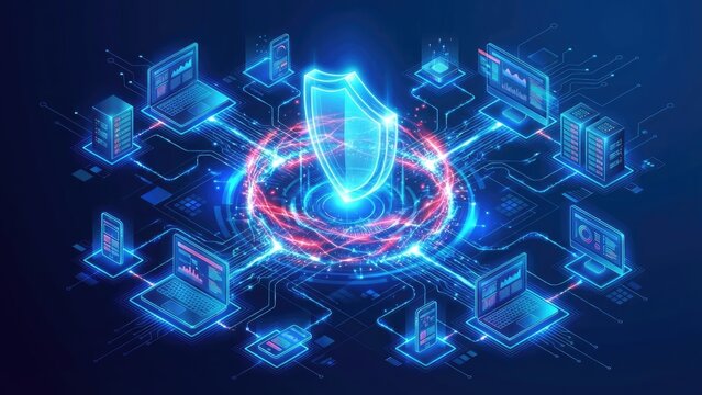 Network security concept with glowing shield and connected devices in a digital environment
