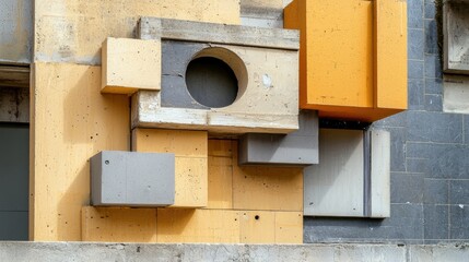 A close-up view of a building facade featuring a geometric arrangement of concrete and bright yellow blocks, casting shadows in the sunlight.